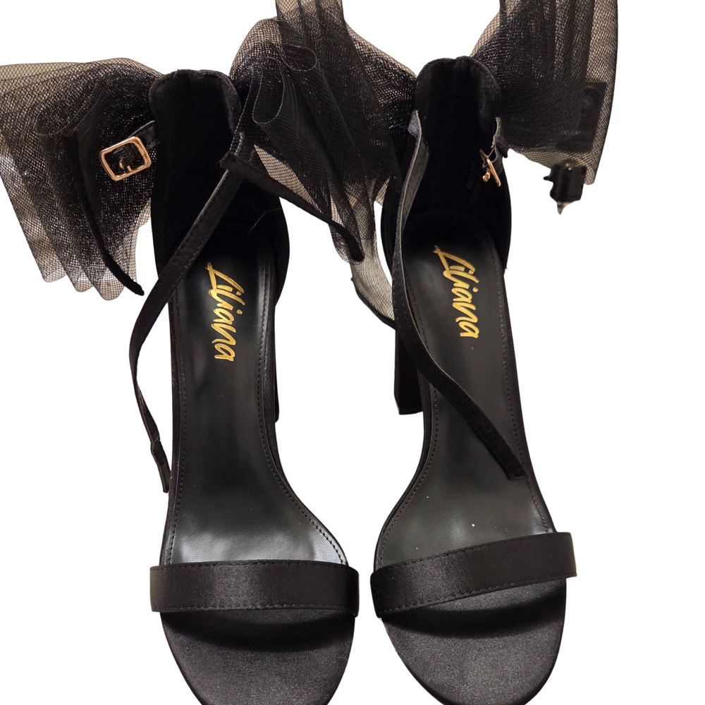 Liliana Black Heels with Mesh Bow Accent